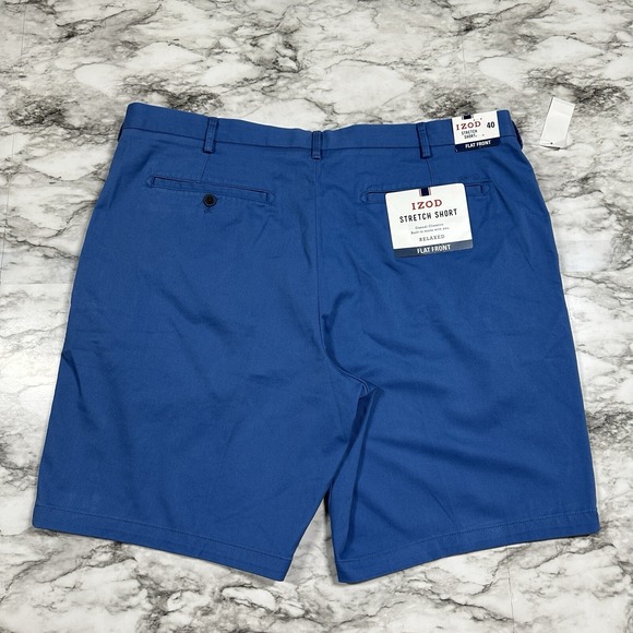 IZOD Men's Stretch Shorts Sz 40 Relaxed Fit Flat Front Saltwater Chino Blue NEW - Picture 8 of 13